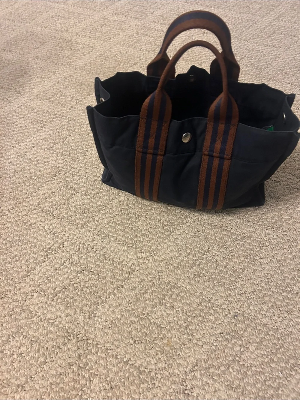 Women’s Navy Canvas Tote with Brown Striped Handles